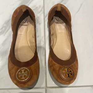 Tory Burch suede flats, color is maple/dark maple 228